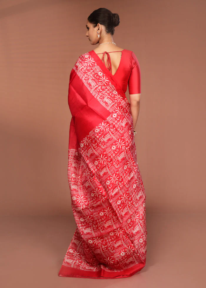 Red Printed Silk Saree Without Blouse Piece - Image 3