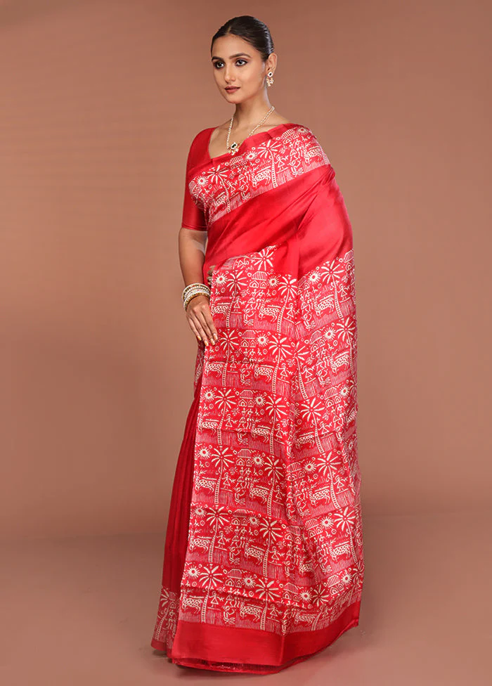 Red Printed Silk Saree Without Blouse Piece - Image 4