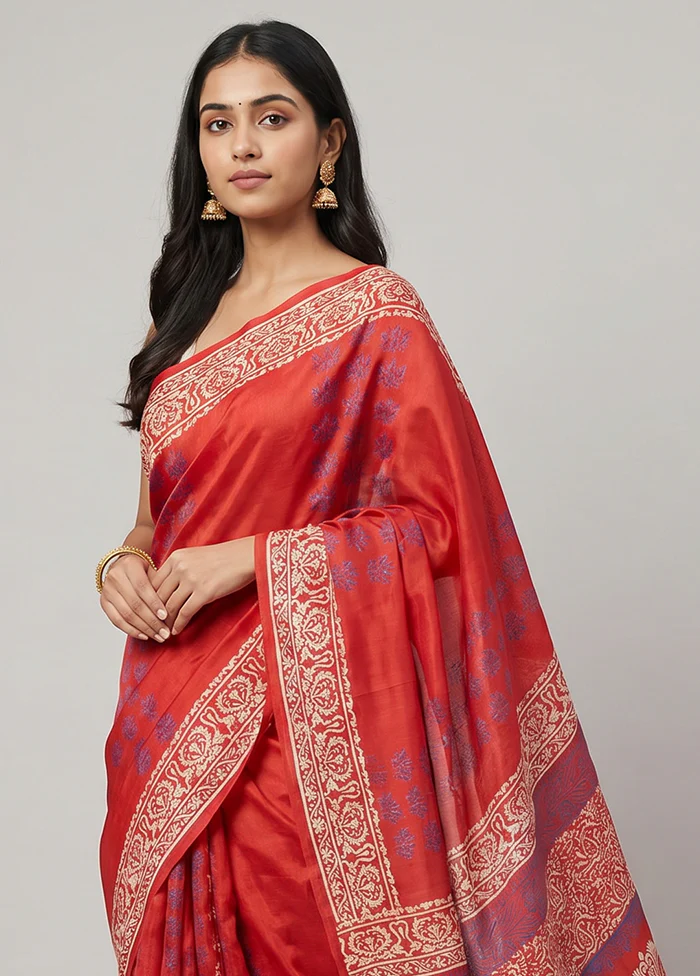 Red Printed Silk Saree Without Blouse Piece - Image 2