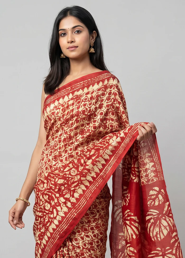 Red Printed Silk Saree Without Blouse Piece - Image 2