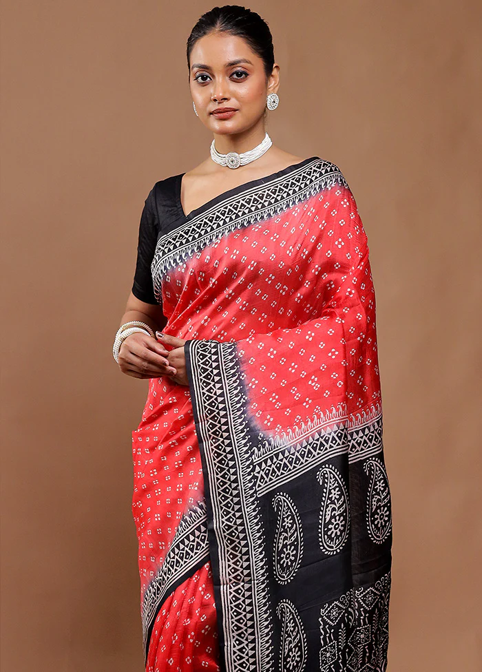 Red Printed Silk Saree Without Blouse Piece - Image 2