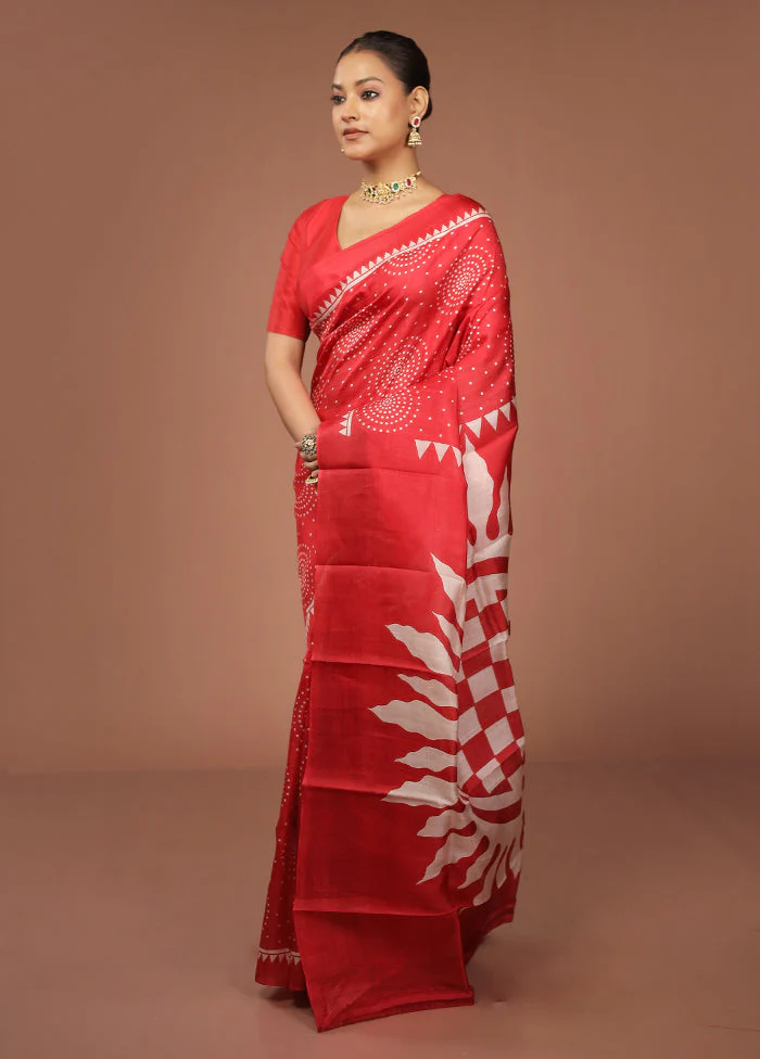 Red Printed Pure Silk Saree Without Blouse Piece - Image 4