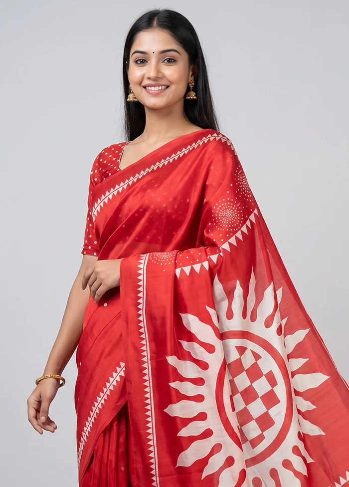 Red Printed Silk Saree Without Blouse Piece - Image 2