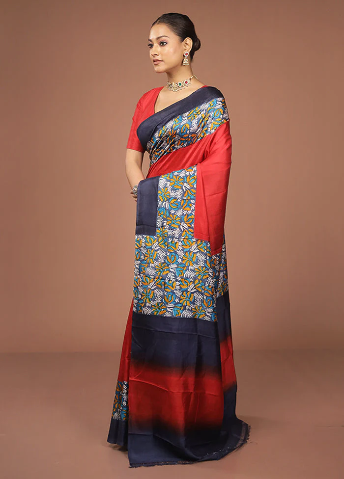 Red Printed Pure Silk Saree Without Blouse Piece - Image 4