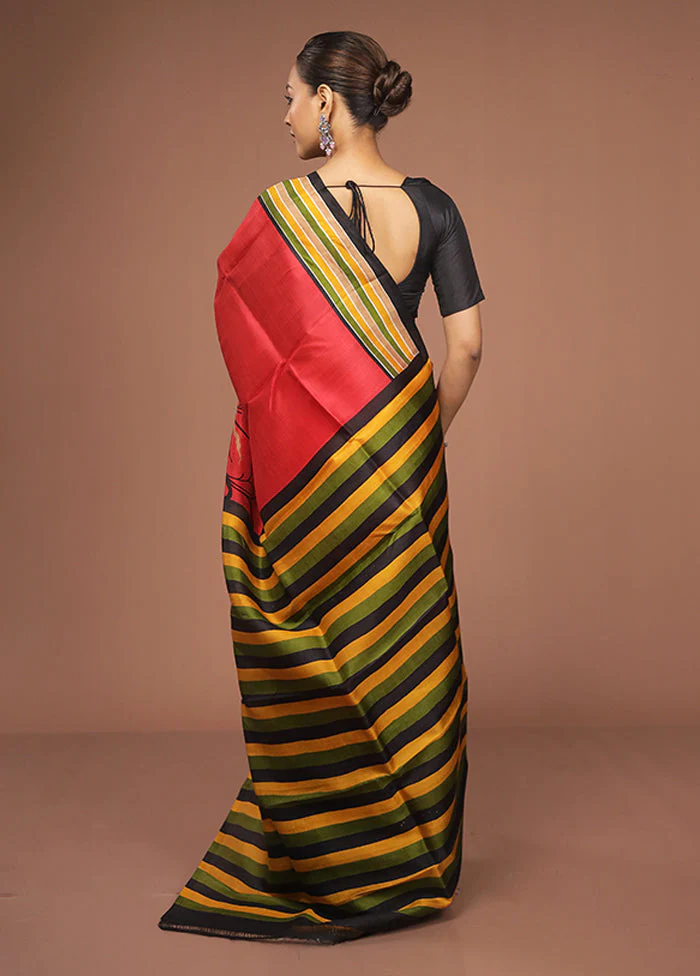 Red Printed Pure Silk Saree Without Blouse Piece - Image 3