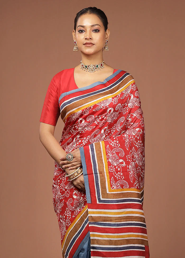 Red Printed Silk Saree Without Blouse Piece
