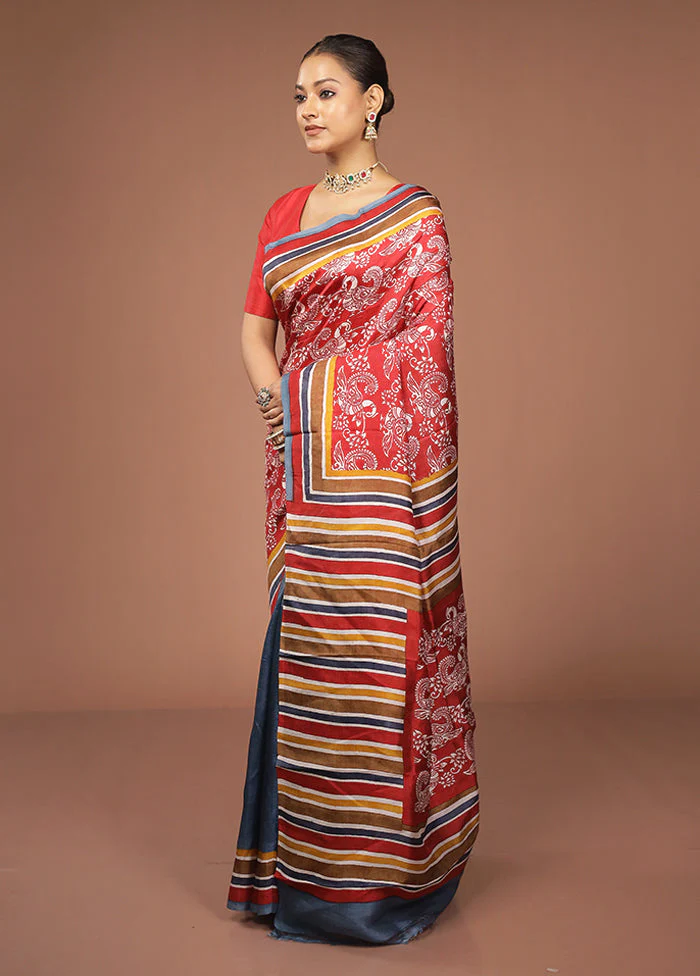 Red Printed Silk Saree Without Blouse Piece - Image 4