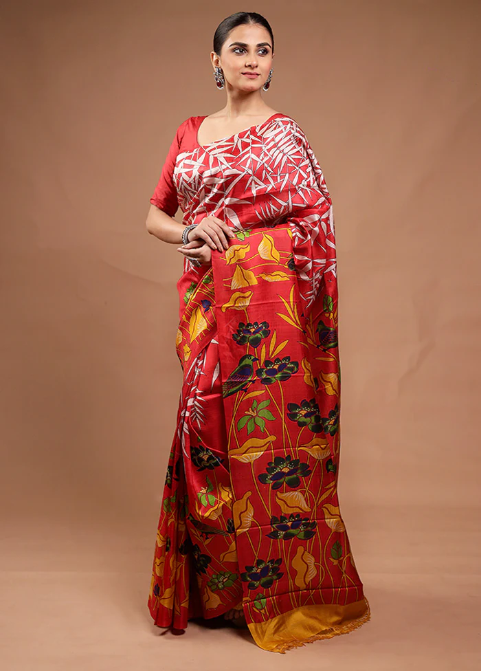 Red Printed Silk Saree Without Blouse Piece - Image 4