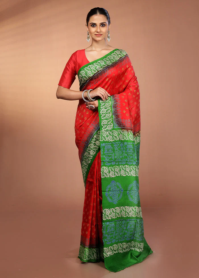 Red Printed Pure Silk Saree Without Blouse Piece - Image 2