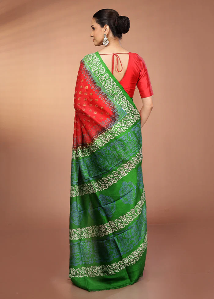 Red Printed Pure Silk Saree Without Blouse Piece - Image 3