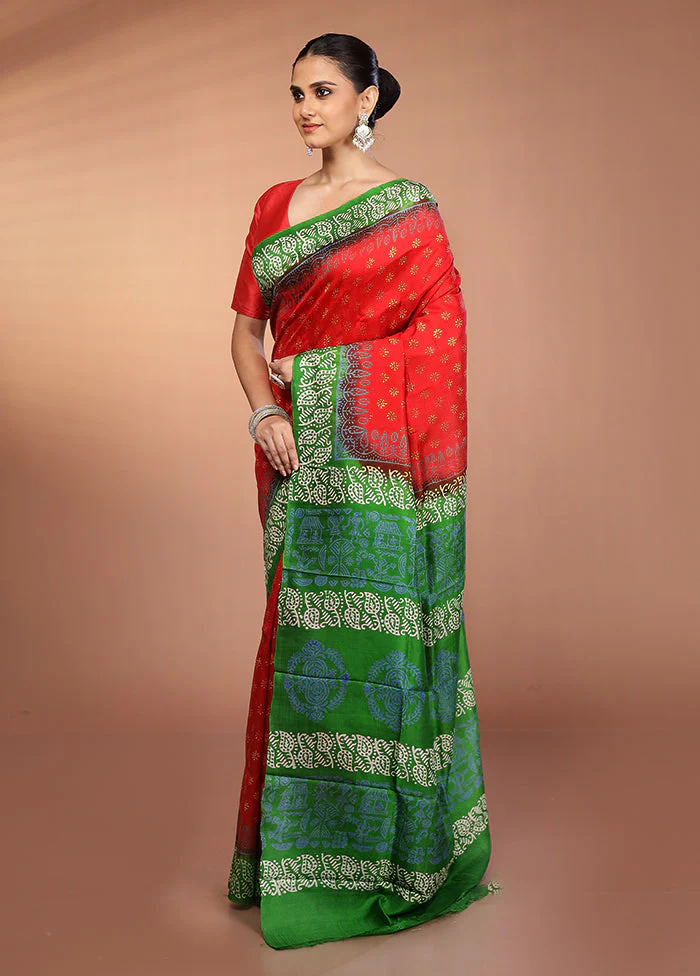 Red Printed Pure Silk Saree Without Blouse Piece - Image 4