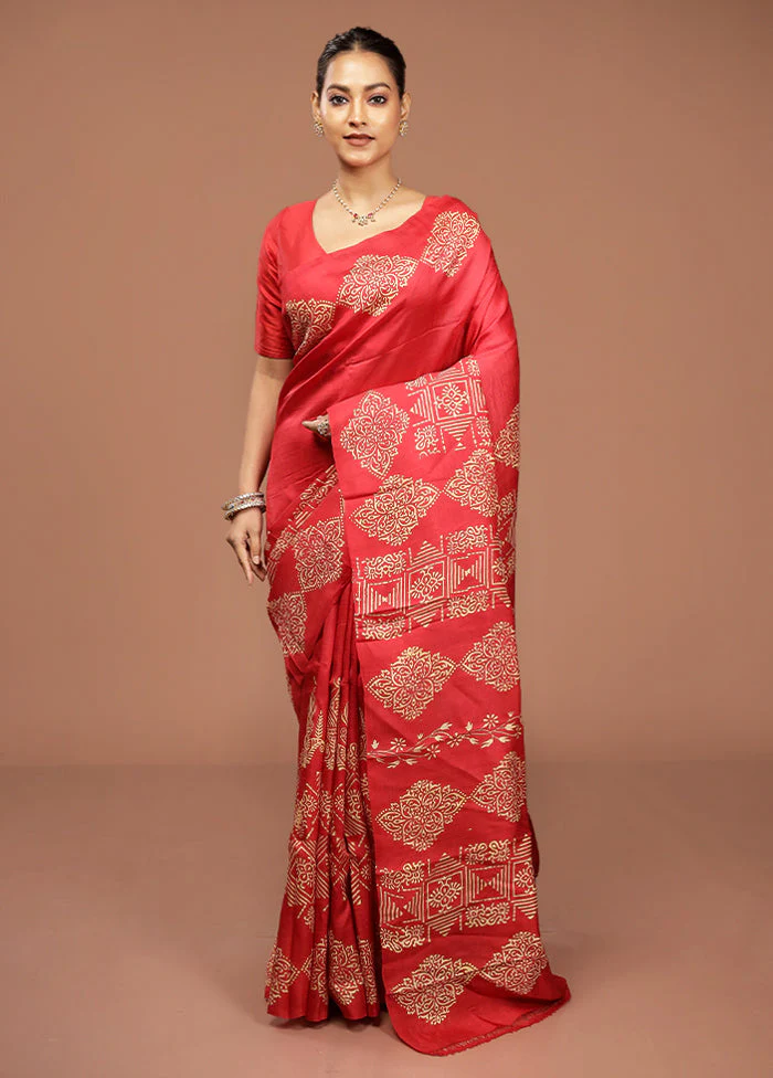 Red Printed Pure Silk Saree Without Blouse Piece - Image 2