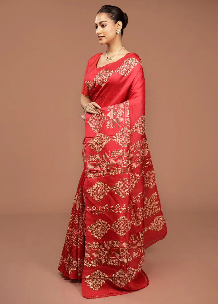 Red Printed Pure Silk Saree Without Blouse Piece - Image 4