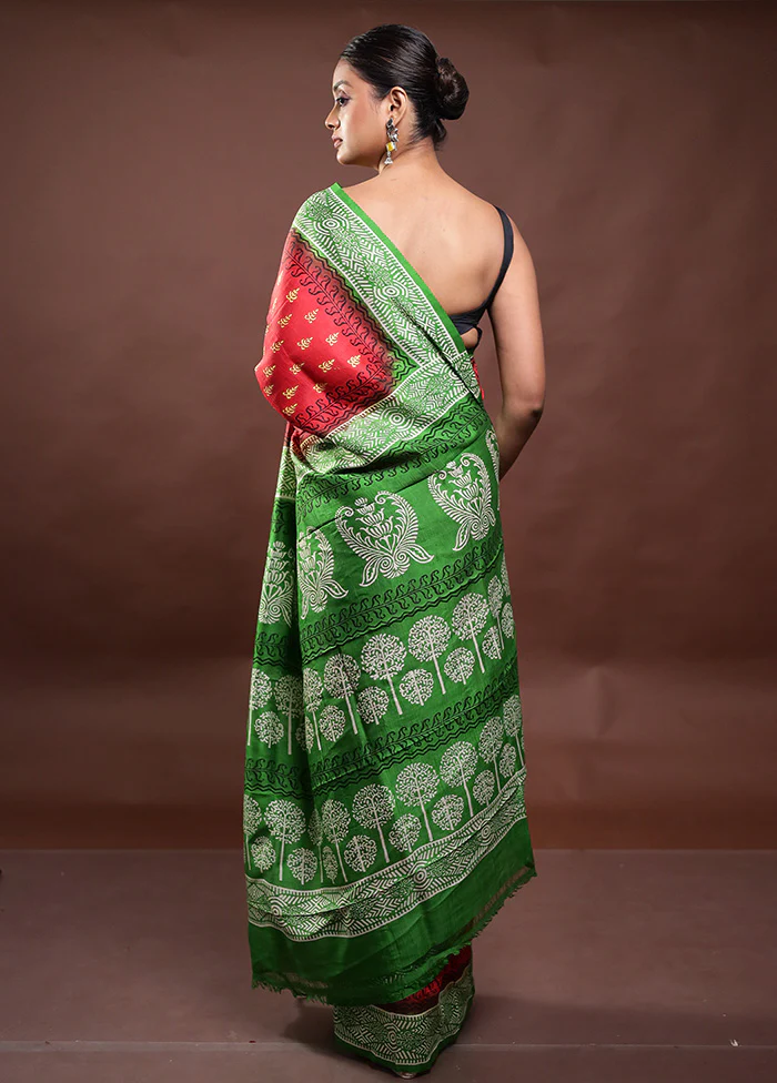 Red Printed Pure Silk Saree Without Blouse Piece - Image 3