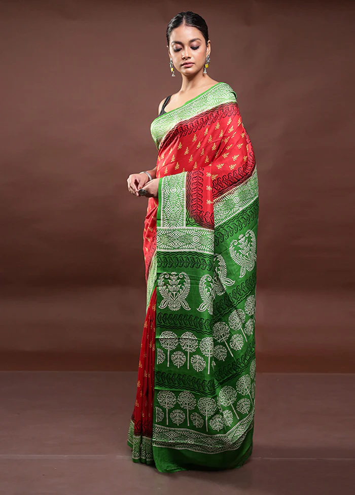 Red Printed Pure Silk Saree Without Blouse Piece - Image 4