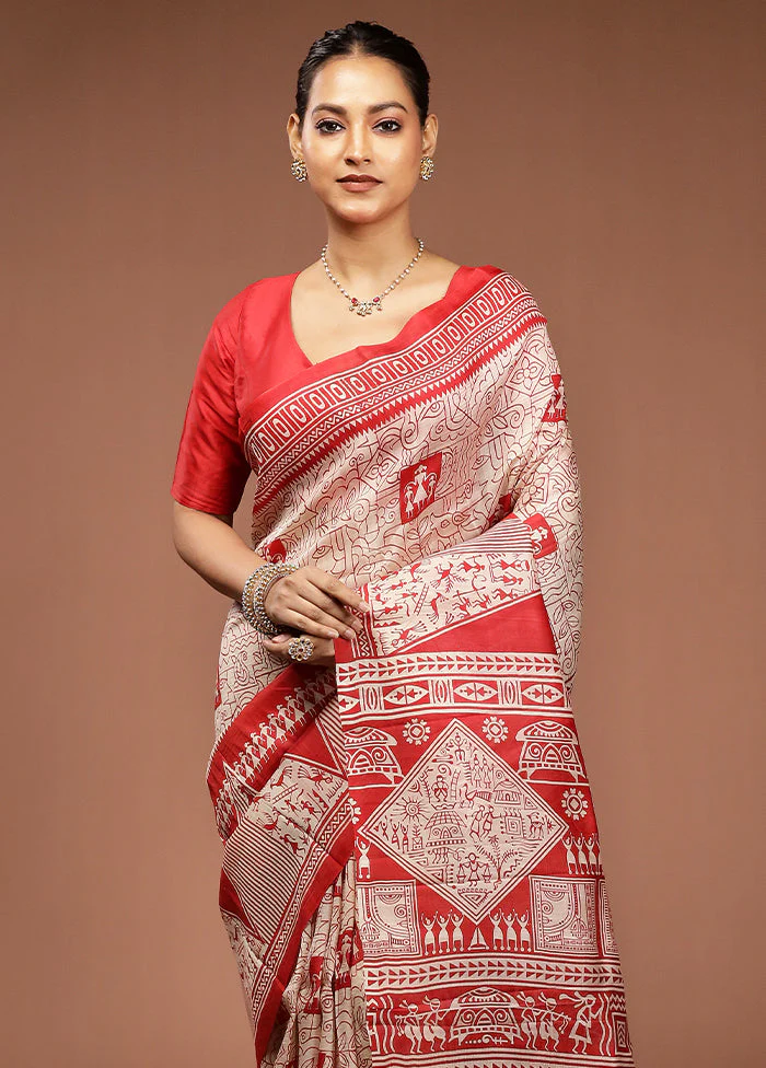 Red Printed Pure Silk Saree Without Blouse Piece