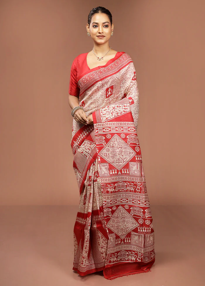 Red Printed Pure Silk Saree Without Blouse Piece - Image 2