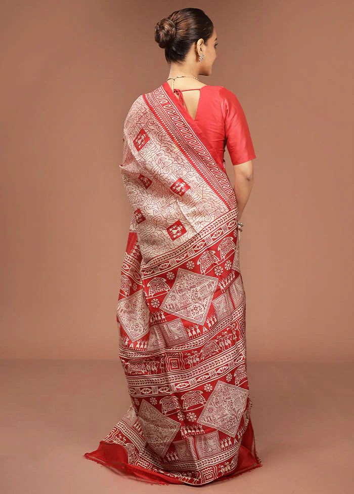 Red Printed Pure Silk Saree Without Blouse Piece - Image 3