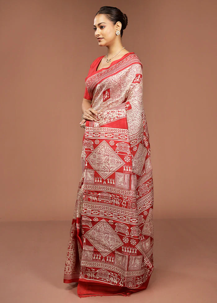 Red Printed Pure Silk Saree Without Blouse Piece - Image 4