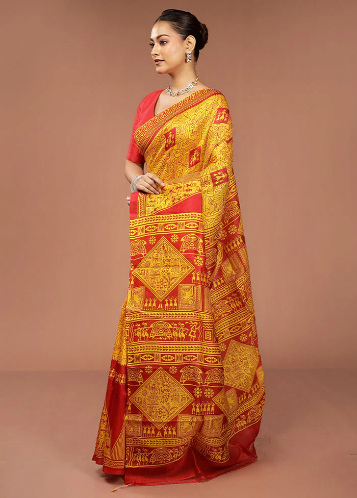 Red Printed Pure Silk Saree Without Blouse Piece - Image 4