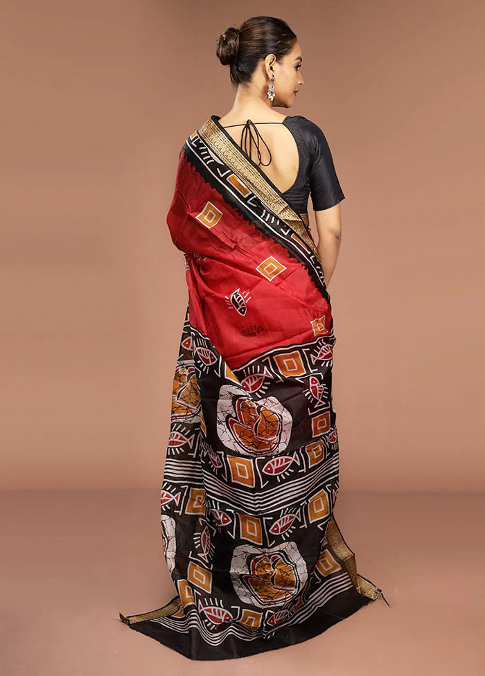 Red Printed Pure Silk Saree Without Blouse Piece - Image 3