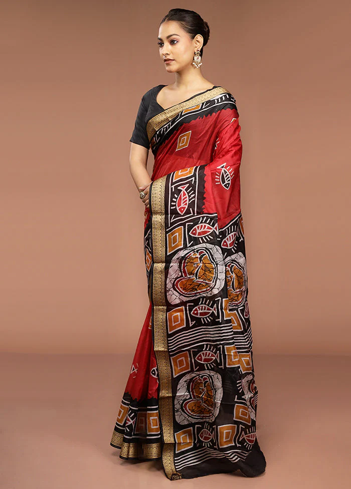Red Printed Pure Silk Saree Without Blouse Piece - Image 4
