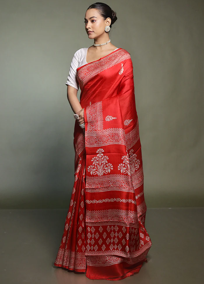 Red Printed Silk Saree Without Blouse Piece - Image 4