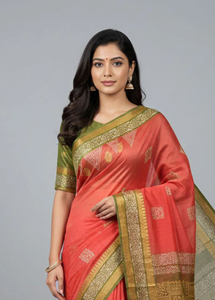 Red Printed Silk Saree Without Blouse Piece - Image 2