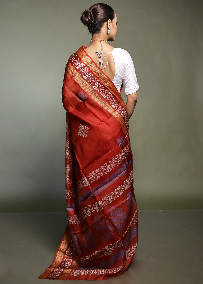 Red Printed Pure Silk Saree Without Blouse Piece - Image 3