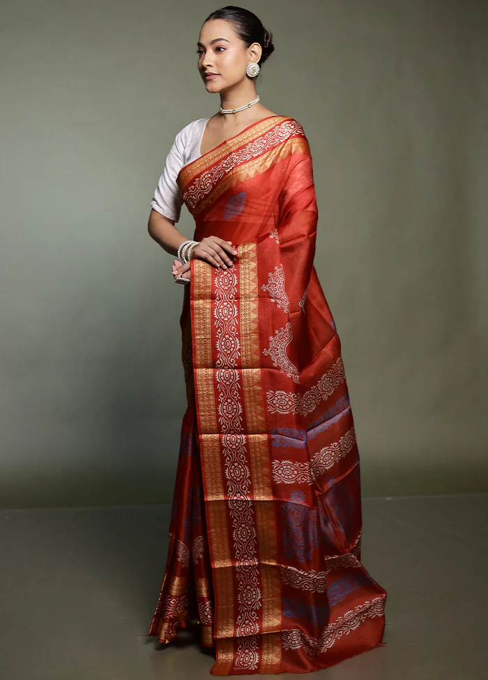 Red Printed Pure Silk Saree Without Blouse Piece - Image 4