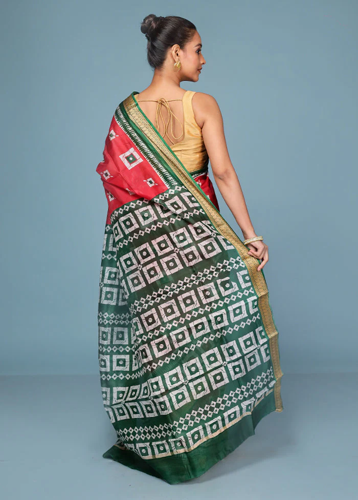 Red Printed Pure Silk Saree Without Blouse Piece - Image 3