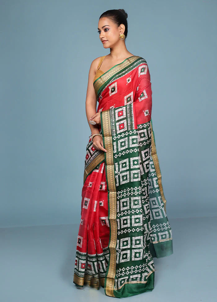 Red Printed Pure Silk Saree Without Blouse Piece - Image 4