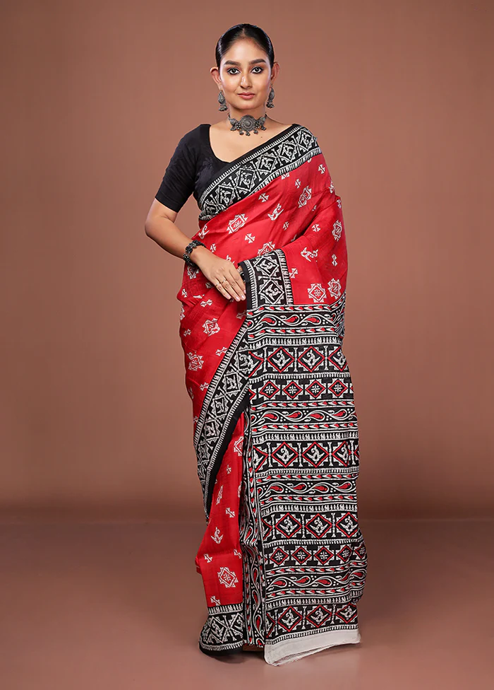 Red Printed Pure Silk Saree Without Blouse Piece - Image 2