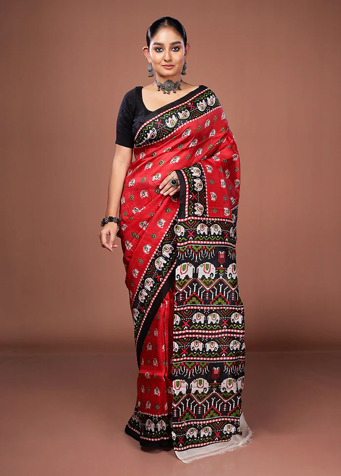 Red Printed Pure Silk Saree Without Blouse Piece - Image 2