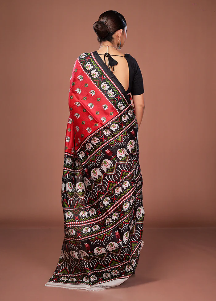 Red Printed Pure Silk Saree Without Blouse Piece - Image 3