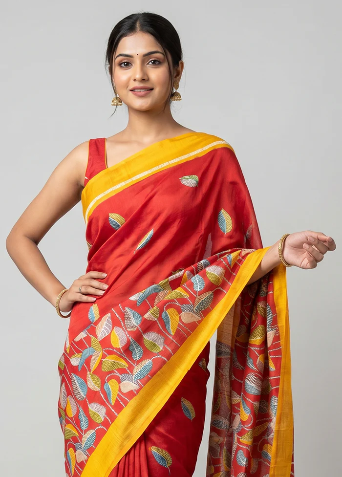 Red Printed Silk Saree Without Blouse Piece - Image 2