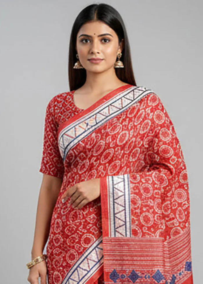 Red Printed Silk Saree Without Blouse Piece - Image 2