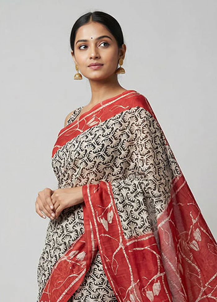 Red Printed Silk Saree Without Blouse Piece - Image 2