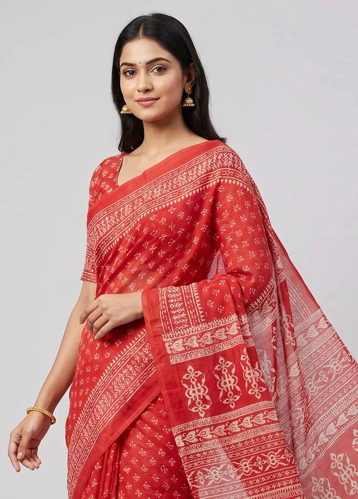Red Printed Silk Saree Without Blouse Piece - Image 2