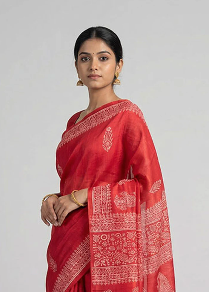 Red Printed Silk Saree Without Blouse Piece - Image 2