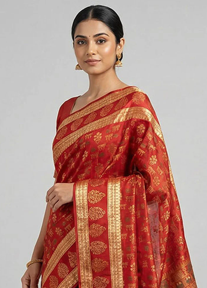 Red Printed Pure Silk Saree Without Blouse Piece - Image 2