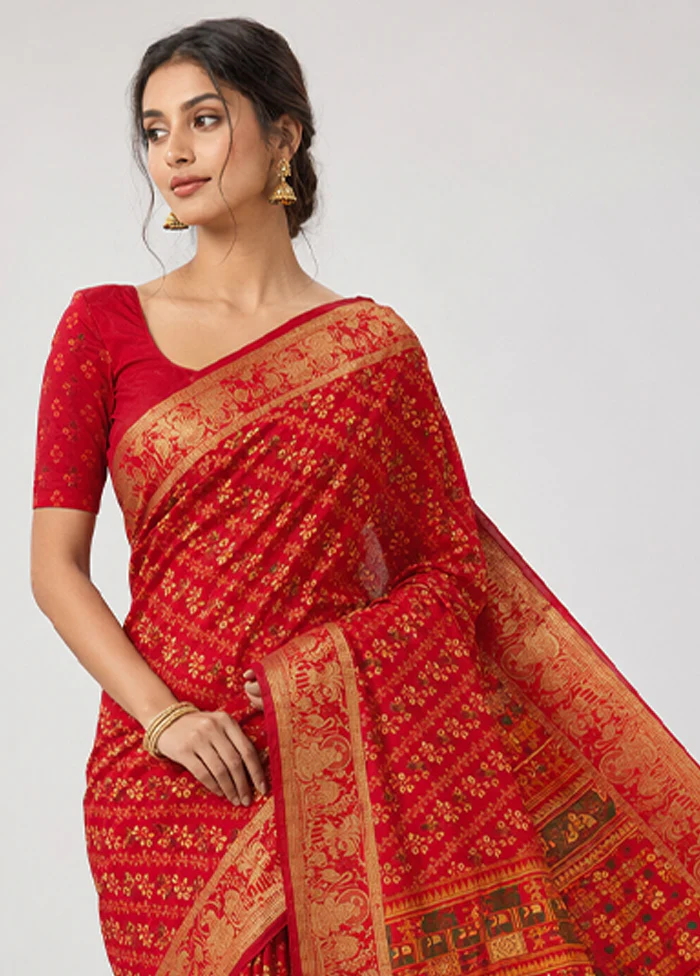Red Printed Pure Silk Saree Without Blouse Piece - Image 2