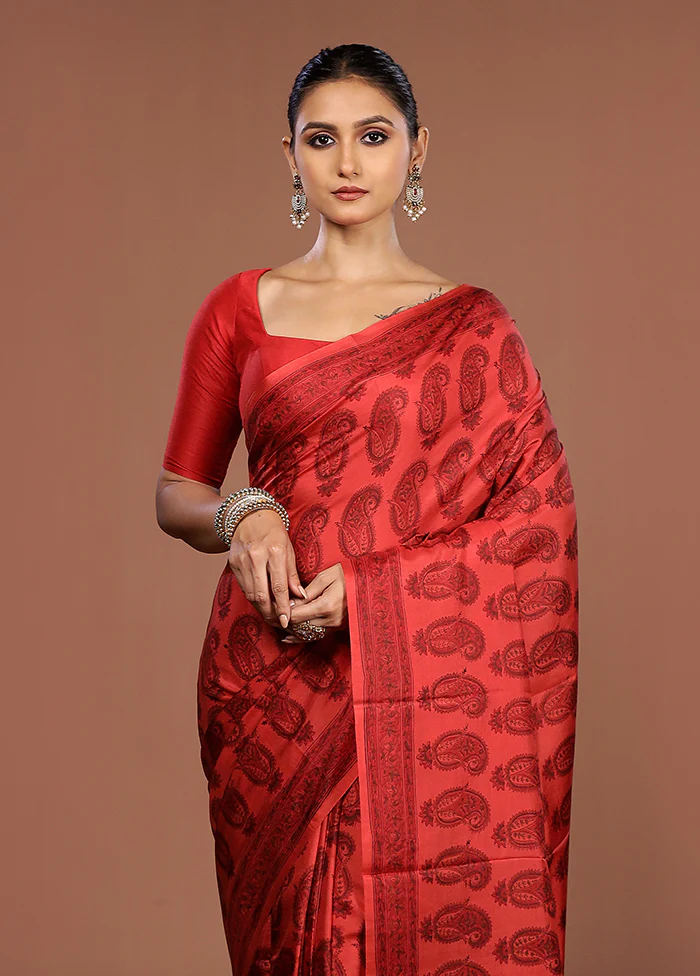 Red Printed Pure Silk Saree Without Blouse Piece