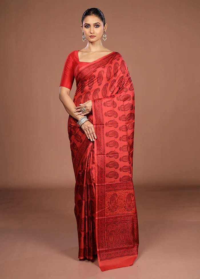Red Printed Pure Silk Saree Without Blouse Piece - Image 2
