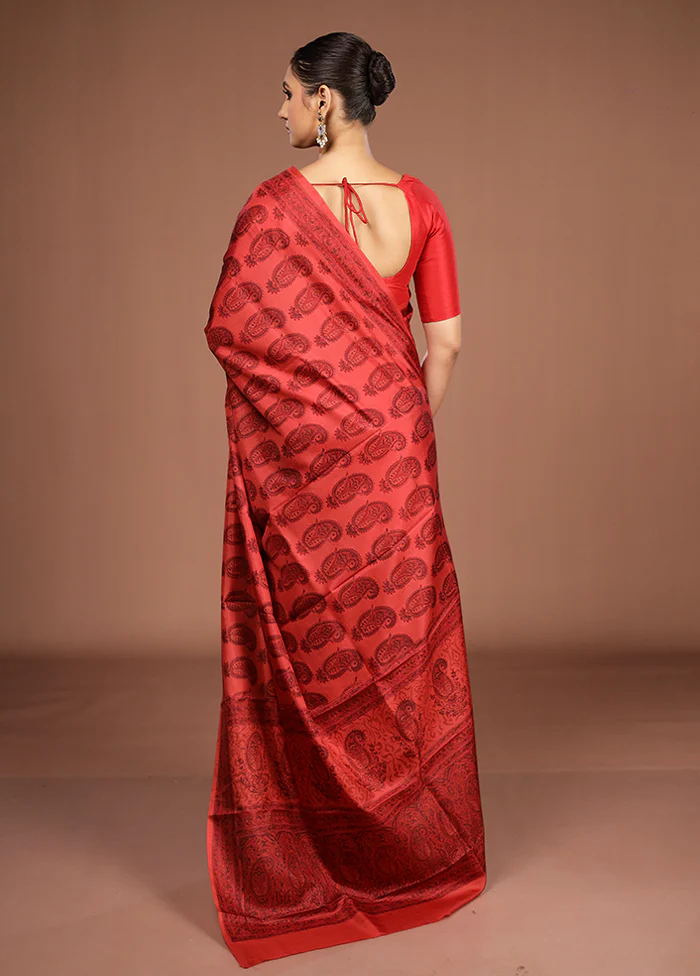 Red Printed Pure Silk Saree Without Blouse Piece - Image 3