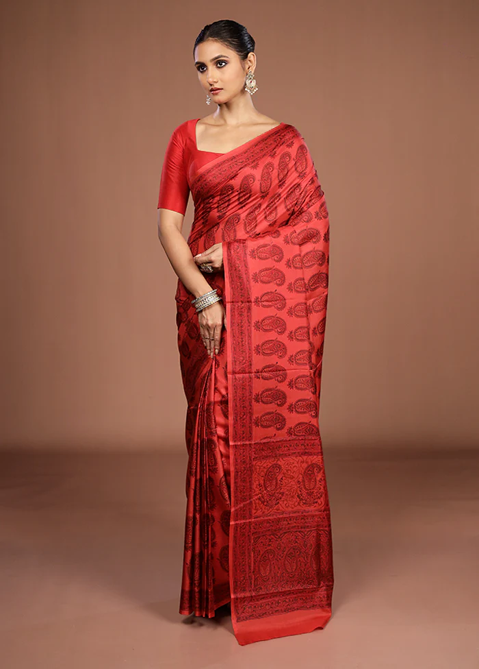 Red Printed Pure Silk Saree Without Blouse Piece - Image 4
