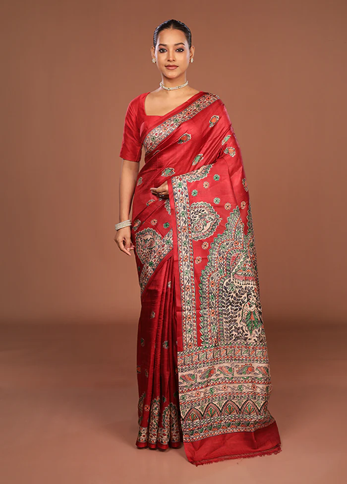 Red Printed Silk Saree Without Blouse Piece - Image 2