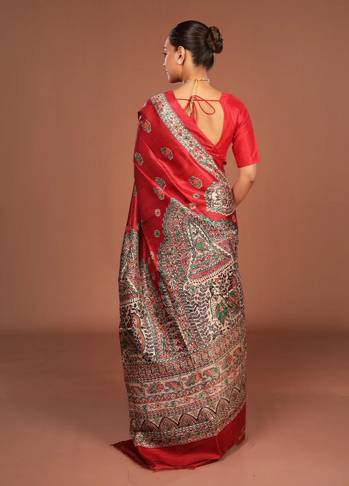 Red Printed Silk Saree Without Blouse Piece - Image 3