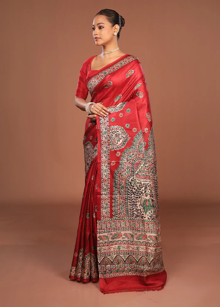 Red Printed Silk Saree Without Blouse Piece - Image 4