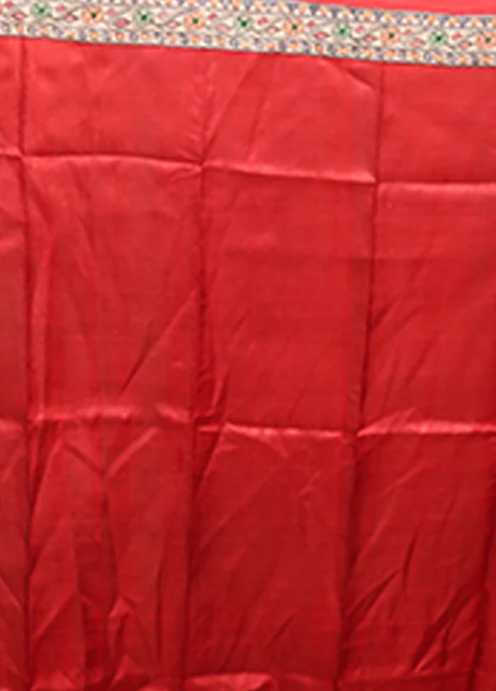Red Printed Silk Saree Without Blouse Piece - Image 5